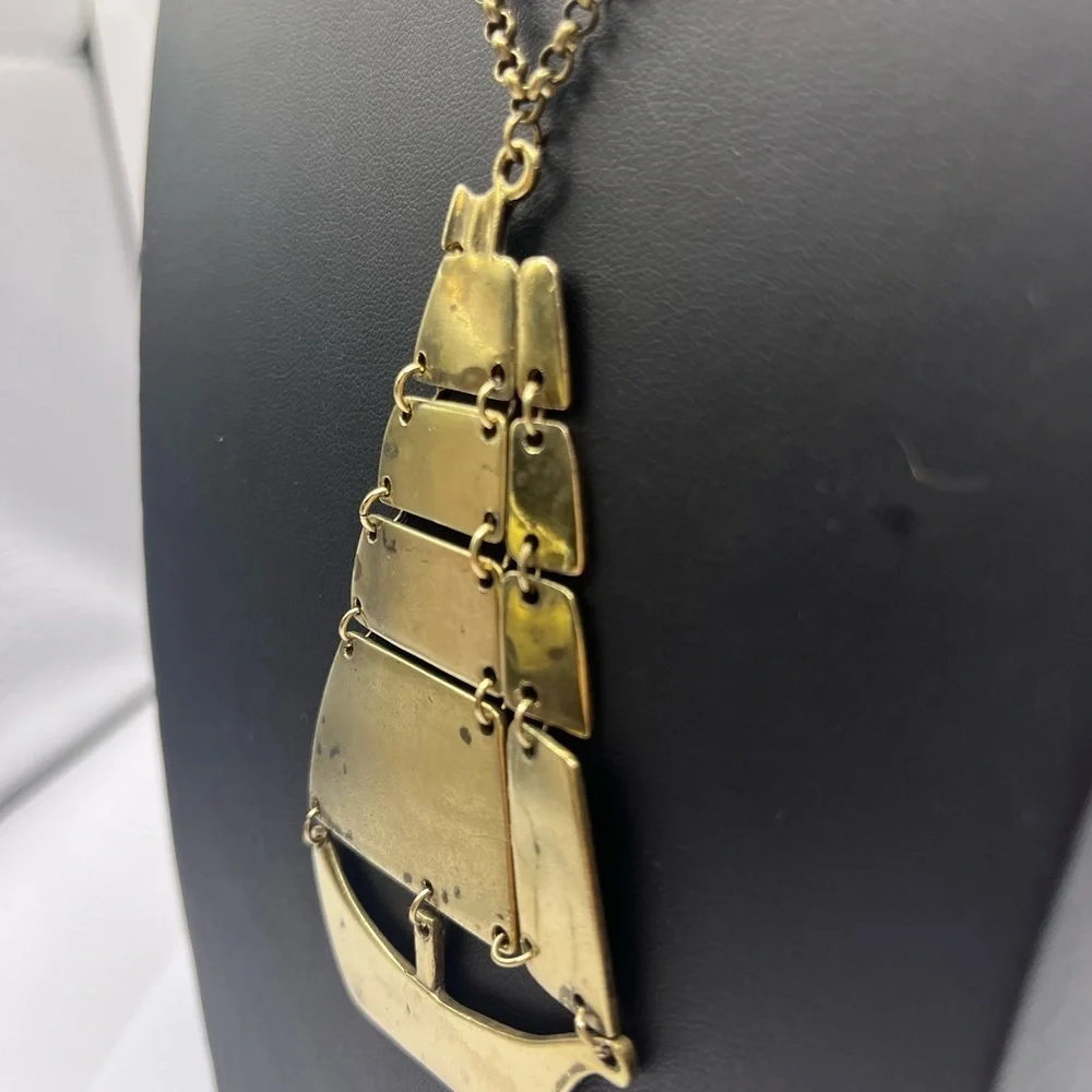 Nautical Ship Boat Brass Pendant  Necklace Oversized Articulated Ship - Picture 8 of 15